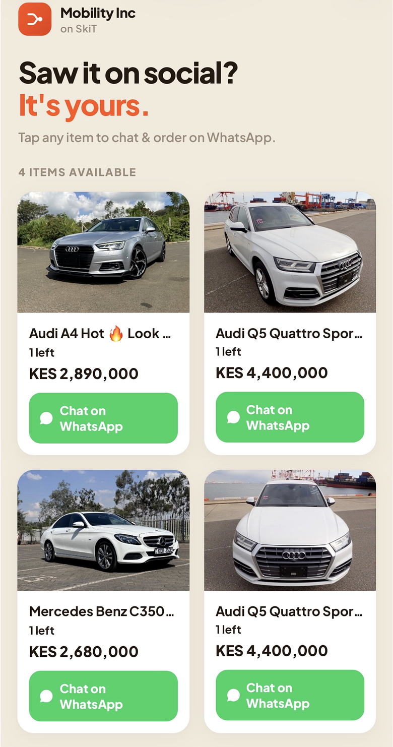 What buyers see: products with a Chat on WhatsApp button