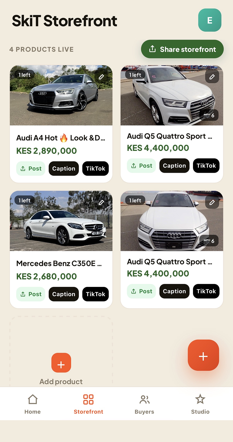 Seller storefront with Post, Caption and TikTok actions on each product